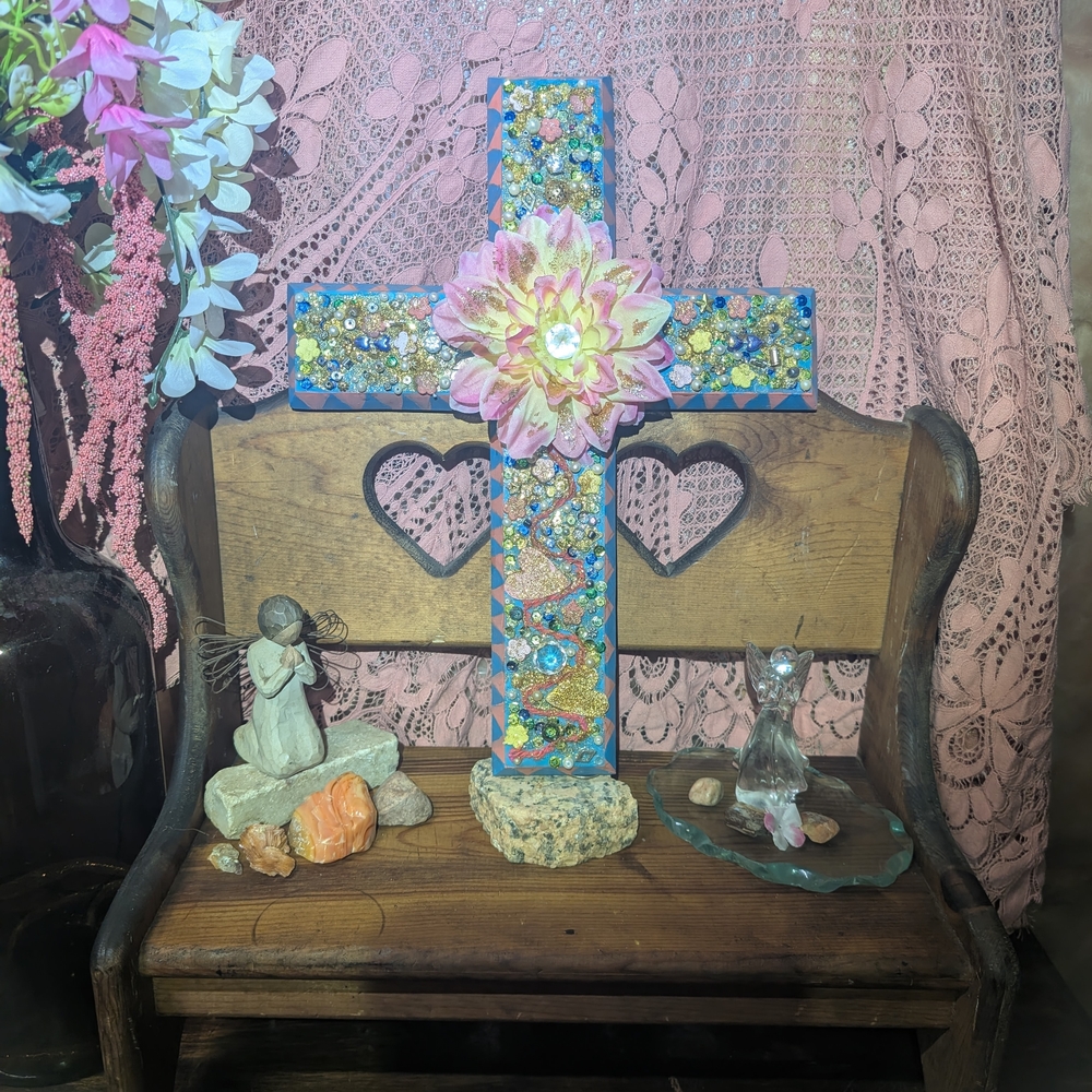 Handcrafted Blue & Pink Floral Decorative Wall Cross